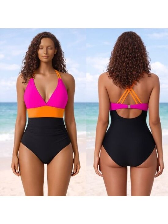 Other - XL Hot Pink Orange Black Color Block V Neck One Piece Swimsuit